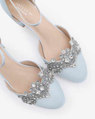 Light Blue Round Toe Satin Low Block Heel with Small Rhinestones Applique