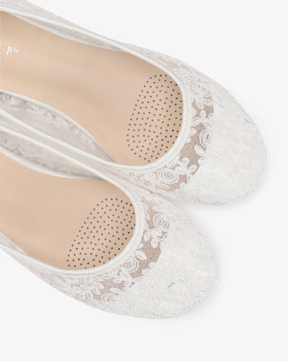 White Crochet Lace Round Toe Wedding Flats with Back Dainty Bow