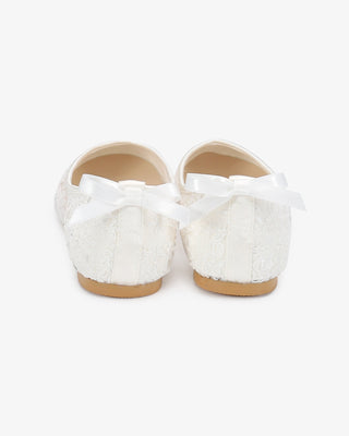 White Crochet Lace Round Toe Wedding Flats with Back Dainty Bow