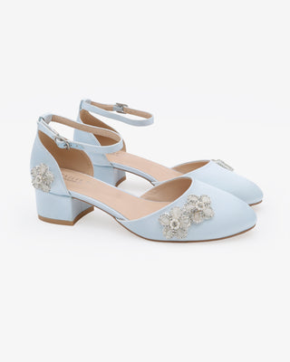 Light Blue Round Toe Satin Low Block Heel with Rhinestones Chassia Flowers