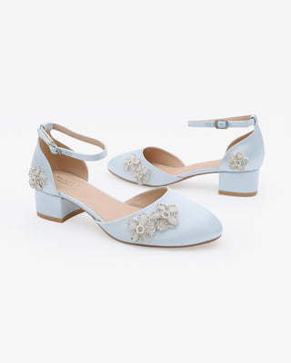 Light Blue Round Toe Satin Low Block Heel with Rhinestones Chassia Flowers