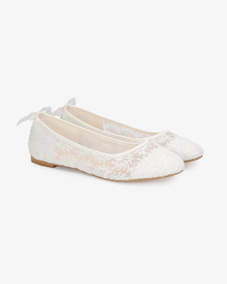 White Crochet Lace Round Toe Wedding Flats with Back Dainty Bow