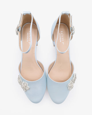 Light Blue Round Toe Satin Low Block Heel with Rhinestones Chassia Flowers