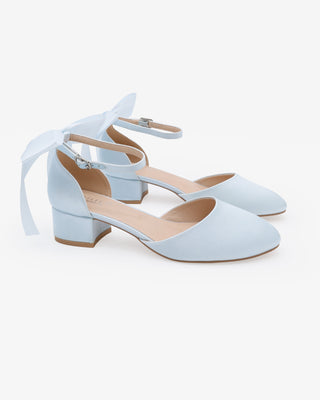 Light Blue Round Toe Satin Low Block Heel with Back Satin Bow