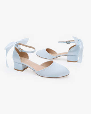 Light Blue Round Toe Satin Low Block Heel with Back Satin Bow