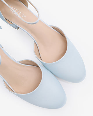 Light Blue Round Toe Satin Low Block Heel with Back Satin Bow