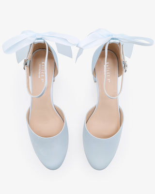 Light Blue Round Toe Satin Low Block Heel with Back Satin Bow