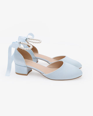 Light Blue Round Toe Satin Low Block Heel with All Pearls Ankle Strap