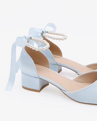 Light Blue Round Toe Satin Low Block Heel with All Pearls Ankle Strap
