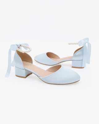 Light Blue Round Toe Satin Low Block Heel with All Pearls Ankle Strap