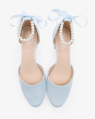 Light Blue Round Toe Satin Low Block Heel with All Pearls Ankle Strap