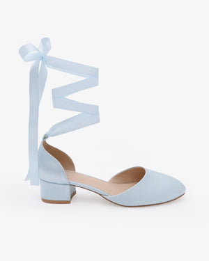 Round Toe Satin Low Block Heel with Ballerina Lace Up