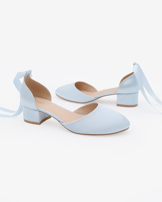 Light Blue Round Toe Satin Low Block Heel with Ballerina Lace Up