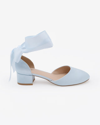 Light Blue Round Toe Satin Low Block Heel with Wrapped Satin Tie