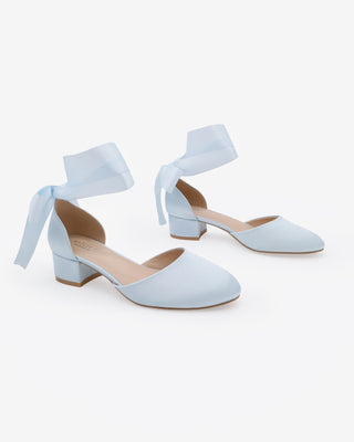 Light Blue Round Toe Satin Low Block Heel with Wrapped Satin Tie