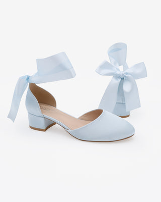Light Blue Round Toe Satin Low Block Heel with Wrapped Satin Tie