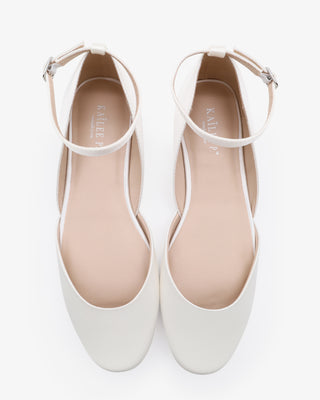 White Satin Round Toe Wedding Flat with Ankle Strap