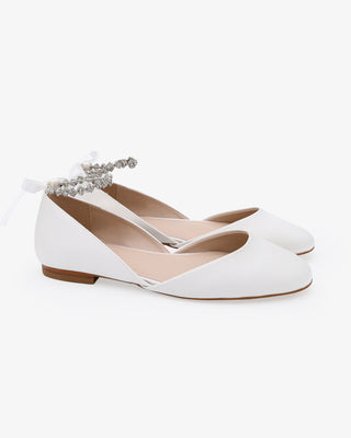 White Satin Round Toe Wedding Flat with Amaryllis Strap