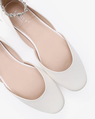 White Satin Round Toe Wedding Flat with Amaryllis Strap