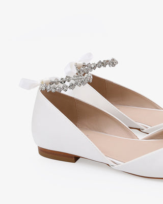 White Satin Round Toe Wedding Flat with Amaryllis Strap