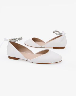 White Satin Round Toe Wedding Flat with Amaryllis Strap