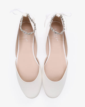 Satin Round Toe Wedding Flat with Amaryllis Strap