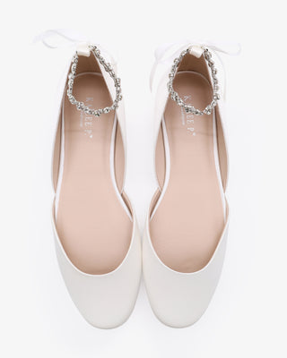 White Satin Round Toe Wedding Flat with Amaryllis Strap