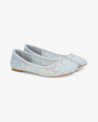 Light Blue Crochet Lace Round Toe Wedding Flats with Mini Pearls