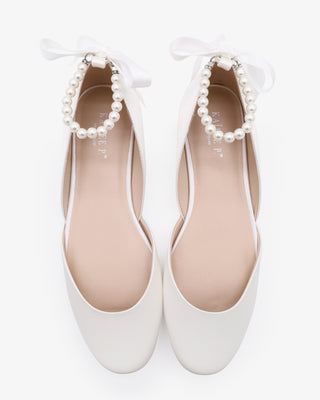 White Satin Round Toe Wedding Flat with All pearls Ankle Strap
