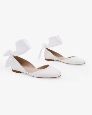 Satin Round Toe Bridal Flat with Wrapped Ribbon Tie
