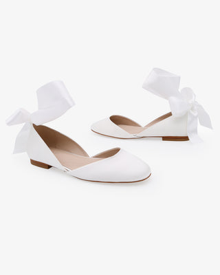 White Satin Round Toe Wedding Flat with Wrapped Satin Tie