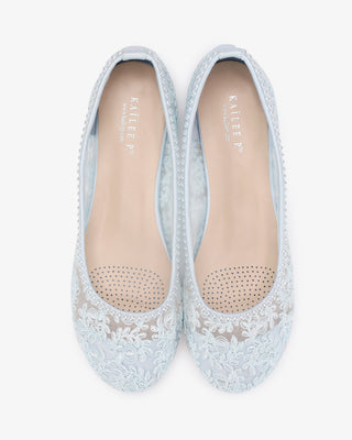 Light Blue Crochet Lace Round Toe Wedding Flats with Mini Pearls