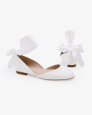 Satin Round Toe Bridal Flat with Wrapped Ribbon Tie