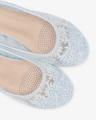 Light Blue Crochet Lace Round Toe Wedding Flats with Mini Pearls