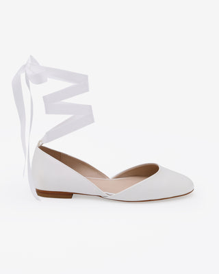 White Satin Round Toe Wedding Flat with Satin Ballerina Lace Up