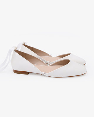 White Satin Round Toe Wedding Flat with Satin Ballerina Lace Up