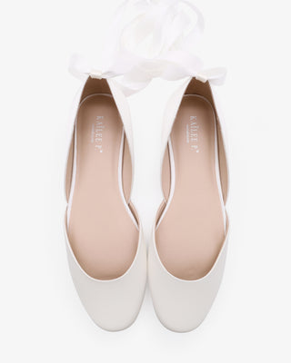 White Satin Round Toe Wedding Flat with Satin Ballerina Lace Up