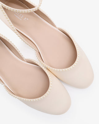Ivory Satin Round Toe Wedding Flat with Mini Pearls