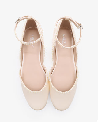 Ivory Satin Round Toe Wedding Flat with Mini Pearls