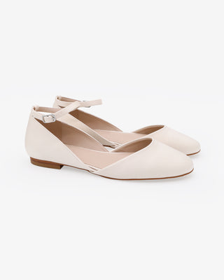 Ivory Satin Round Toe Wedding Flat with Ankle Strap