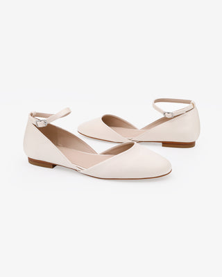 Ivory Satin Round Toe Wedding Flat with Ankle Strap