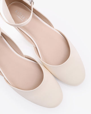 Ivory Satin Round Toe Wedding Flat with Ankle Strap