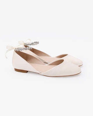 Ivory Satin Round Toe Wedding Flat with Amaryllis Strap