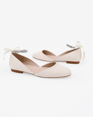 Ivory Satin Round Toe Wedding Flat with Amaryllis Strap