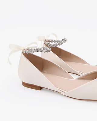 Ivory Satin Round Toe Wedding Flat with Amaryllis Strap