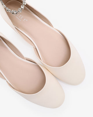 Ivory Satin Round Toe Wedding Flat with Amaryllis Strap