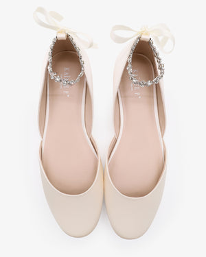Satin Round Toe Wedding Flat with Amaryllis Strap