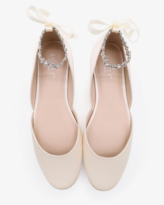 Ivory Satin Round Toe Wedding Flat with Amaryllis Strap