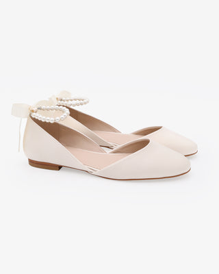 Ivory Satin Round Toe Wedding Flat with All pearls Ankle Strap