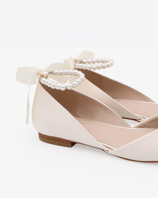 Ivory Satin Round Toe Wedding Flat with All pearls Ankle Strap